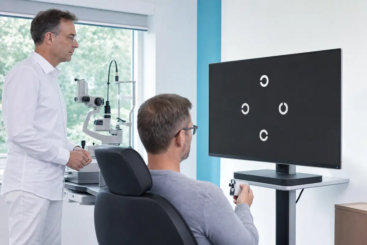 Konzeptionelle Darstellung einer ärztlich begleiteten Untersuchung vor einem Monitor